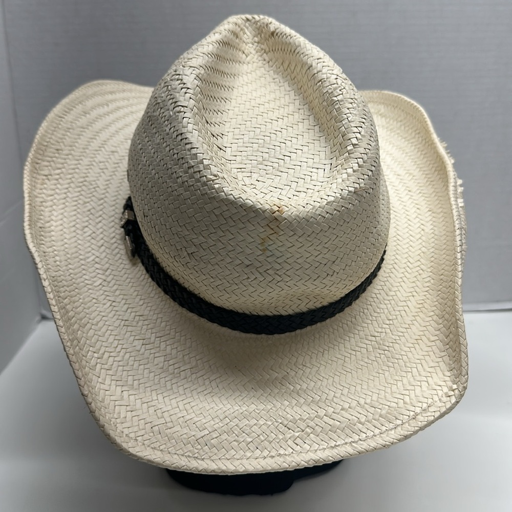 Stetson Cowboy Hat Western Straw Braided Belt Buckle Ivory Black Size Medium - Picture 3 of 10